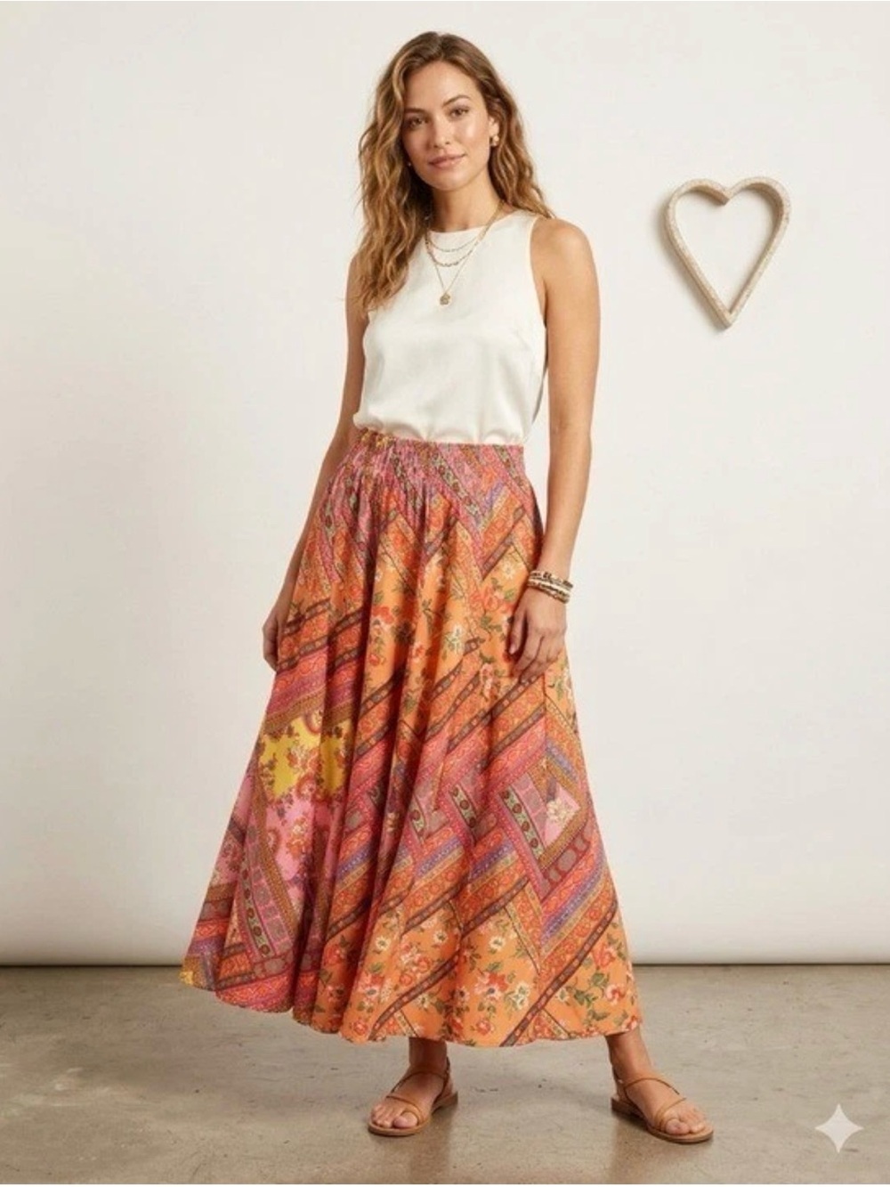 Calypso St. Barth Red Boho Patchwork Floral Midi Skirt Elastic Waist Colorful LG